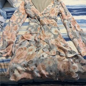 Zara Long Sleeve Floral Dress in Pink and Gray